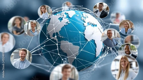 Global Collaboration: Seamless global connectivity is visualized through a network of professionals encircling the globe, symbolizing unity and interconnectedness across different countries.