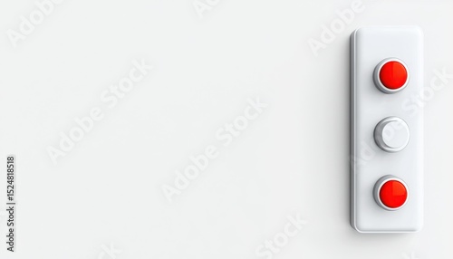 Minimalist white panel with three round buttons, two red and one white, mounted on a plain wall.