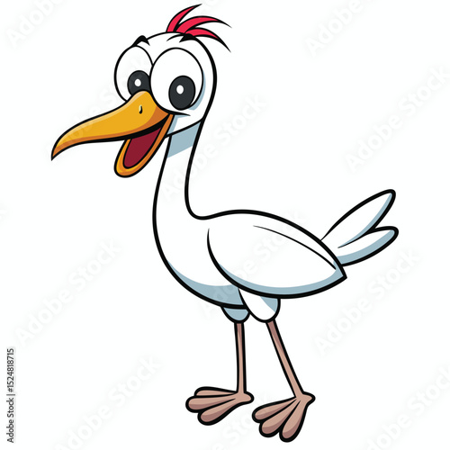 Cartoon stork showcases playful design with its red tuft and big eyes