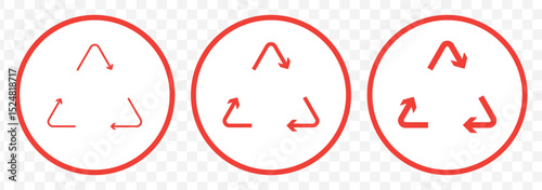 Recycle icon. Reusable label. Eco-friendly vector illustration. Environmental concept for waste reduction and energy efficiency. Ecology triangle arrows sticker in Red Color on Transparent Background.