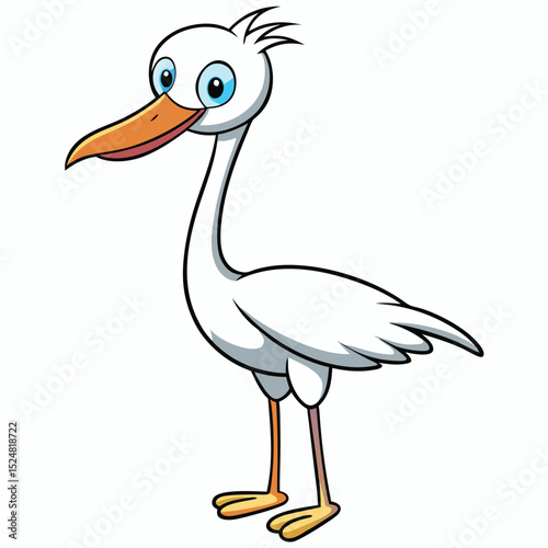 Cartoon white heron stands gracefully with big blue eyes and orange beak