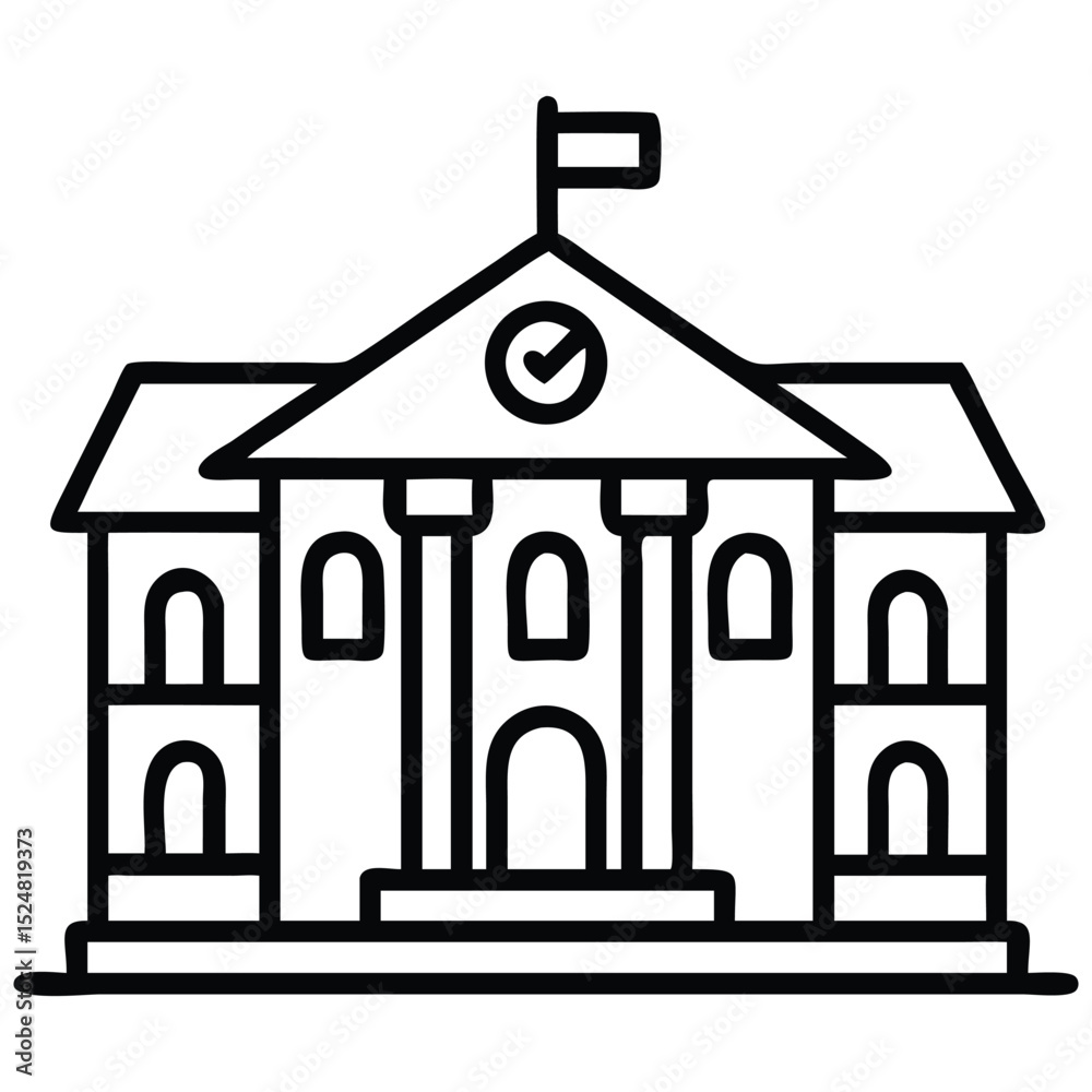 Outline Illustration of Government Building with Flag and Checkmark Symbol on Top Outline Illustration of Government Building with Flag and Checkmark Symbol on Top