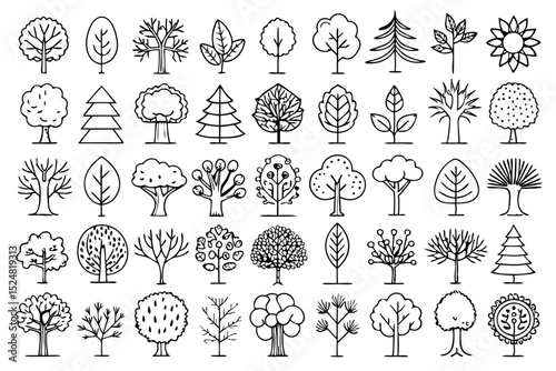 Treetop view line art illustration set isolated on transparent background