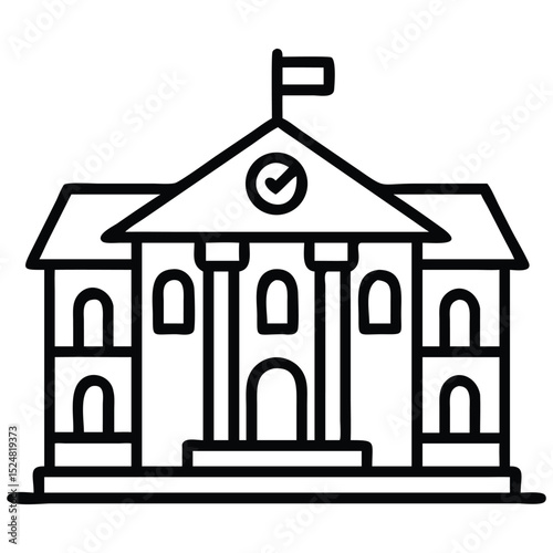 Outline Illustration of Government Building with Flag and Checkmark Symbol on Top