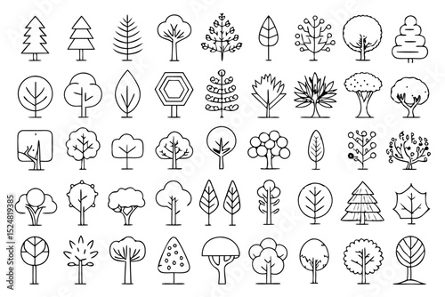 Collection of treetop line art illustrations isolated on transparent background