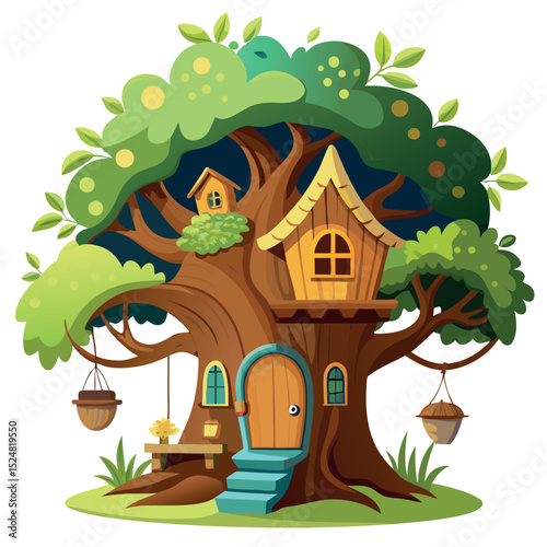 Charming Cartoon Treehouse with Whimsical Architecture, Lush Green Foliage, and Cozy Details