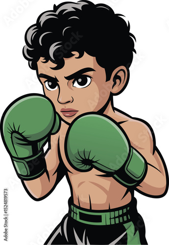 Young boxer, clad in green gloves, stands poised and ready for the match logo mascot design