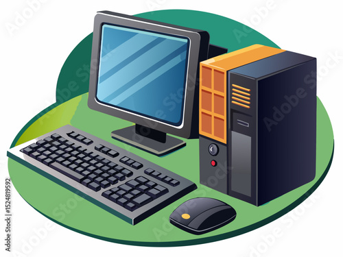 vector of Black desktop computer and black keyboard and white background...