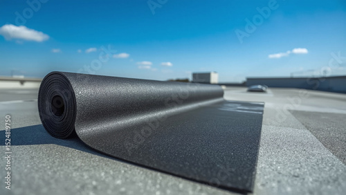 Roll of EPDM rubber roofing material on modern rooftop, Waterproof membrane in construction industry, synthetic roof surface