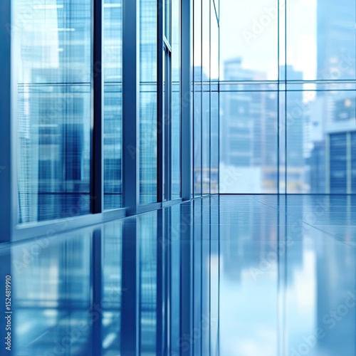 Modern office interior with expansive windows offering a cityscape view