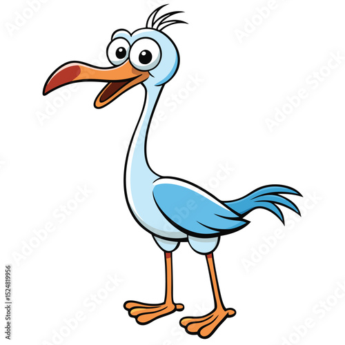 Humorous cartoon bluebird smiles with open beak and stands on light background