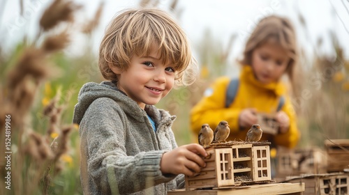 Children playing outdoors with toys in a natural setting. photo