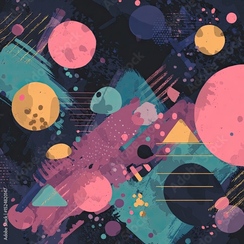 Abstract art with pastel circles, geometric shapes, and brushstrokes on a dark background