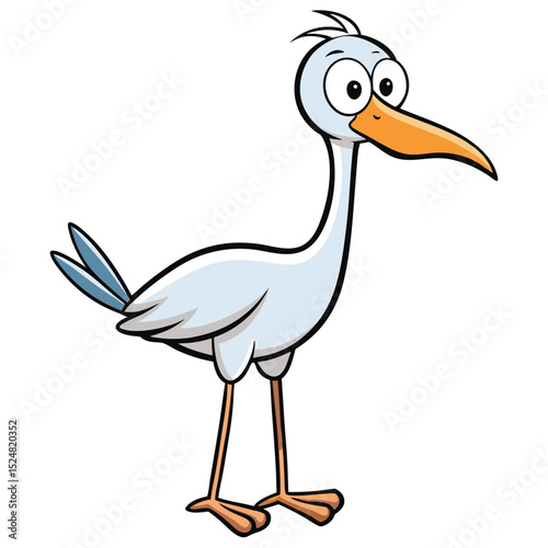 White cartoon stork with big eyes and orange beak standing isolated cheerfully