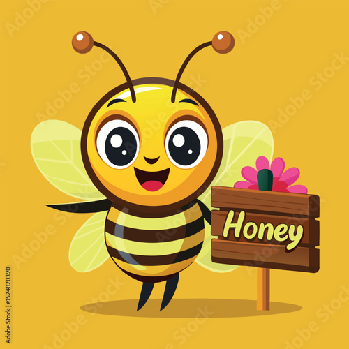 Cheerful Cartoon Bee Holding a Honey Sign With Flower on a Yellow Background