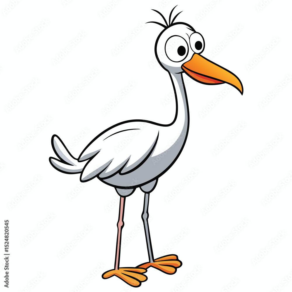 Obraz premium Cartoon stork stands on its feet with a surprised expression and orange beak