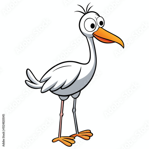 Cartoon stork stands on its feet with a surprised expression and orange beak