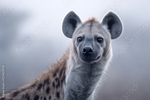 Portrait of a wild hyena. The large eared carnivore is captured in a close-up shot, emphasizing its eyes and unique coat pattern.