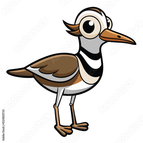 Cartoonish killdeer bird stands alert with its brown body and eyecatching black stripes
