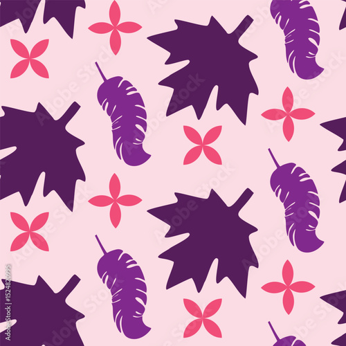 Seamless pattern with fuchsia-colored botanical leaves and pink flowers. A modern, stylized nature design for fabric, wallpaper, and autumn-themed decor.