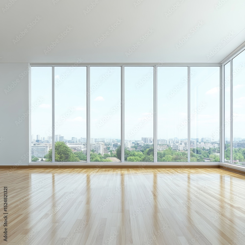 Fototapeta premium Panoramic city view from a bright, minimalist room with hardwood floors and large windows