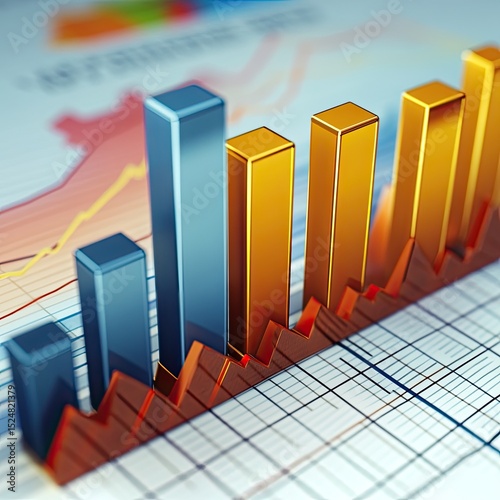 3D bar graph illustrating upward trend, financial growth, and data visualization