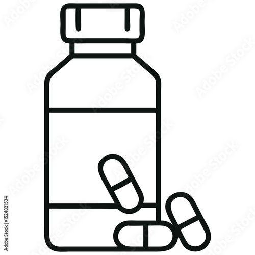 Outline Style Medicine Bottle with Capsules Illustration for Health and Wellness