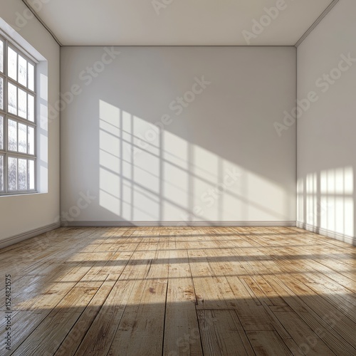 Sunlight streams through a window into an empty room with light-colored walls and hardwood floors