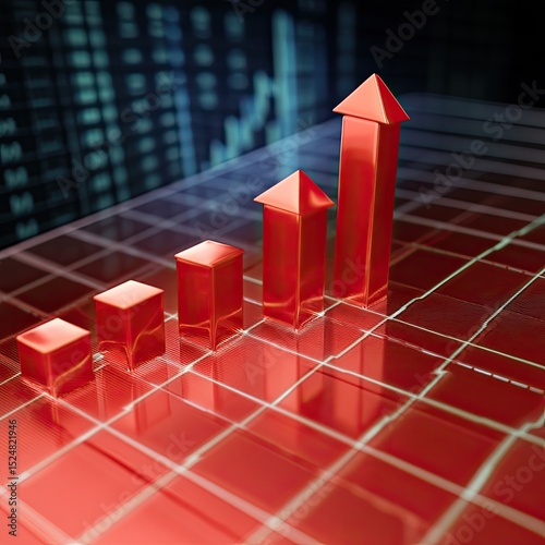 Ascending red bars on a grid, signifying growth and progress against a financial data backdrop