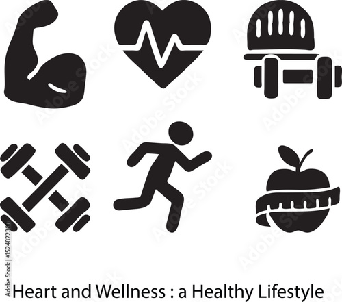 Heart and Wellness Icons: A Healthy Lifestyle with Fitness, Nutrition, and Physical Health