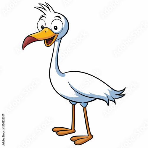 Happy cartoon stork stands cheerfully with its big eyes open, showing its orange legs