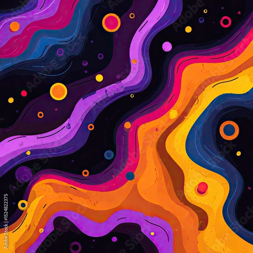 Abstract cosmic swirls in vibrant hues, dotted with colorful orbs against a dark background