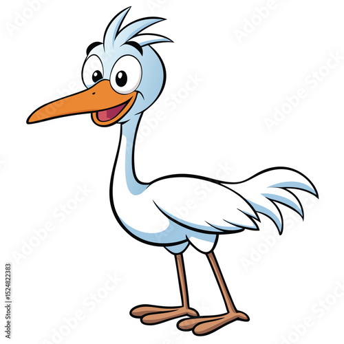 Cheerful cartoon stork with orange beak happily stands alone against a white background