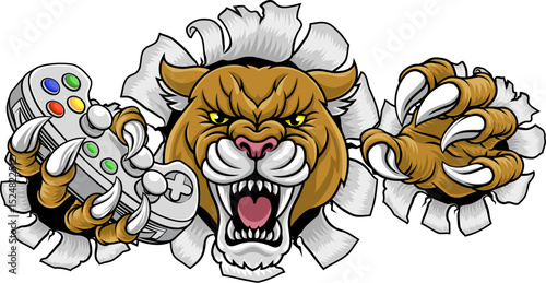 Cougar, panther, mountain lion or puma wildcat cat gamer sports mascot holding a video game controller