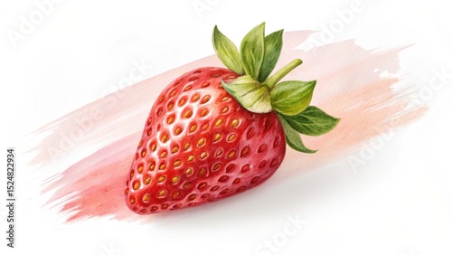 A colorful illustration of a strawberry with vibrant red hues and rich green leaves on a soft, painted background.