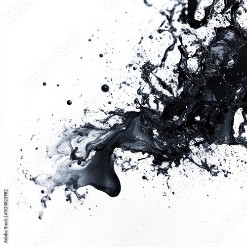Abstract ink splash, dynamic, dark fluid motion on white