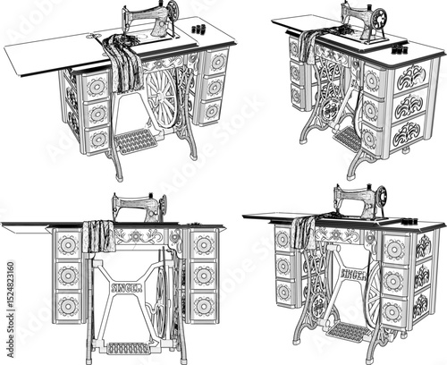 vector illustration of a classic traditional old sewing machine design that moves using the foot 