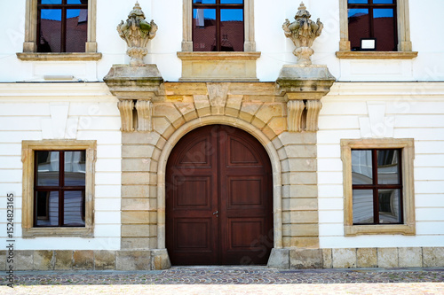 beautiful old arched brown wooden gate to residential home. vintage european street. stucco exterior elevation. stone road pavement. historic vintage building. travel and tourism concept