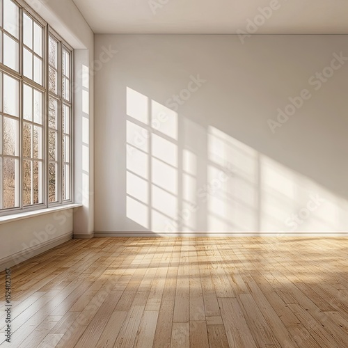 Wallpaper Mural Sunlight streams into an empty room with hardwood floors and a large window, casting shadows on the wall Torontodigital.ca