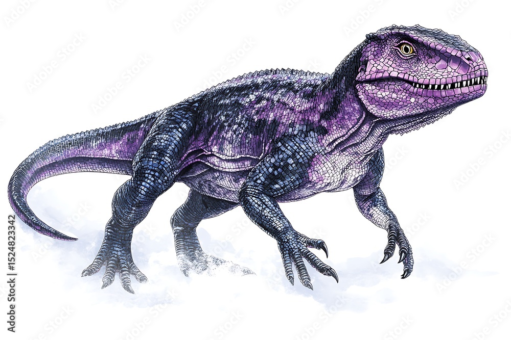 Obraz premium A purple and black dinosaur walking on a white surface with a long tail and sharp claws and scales