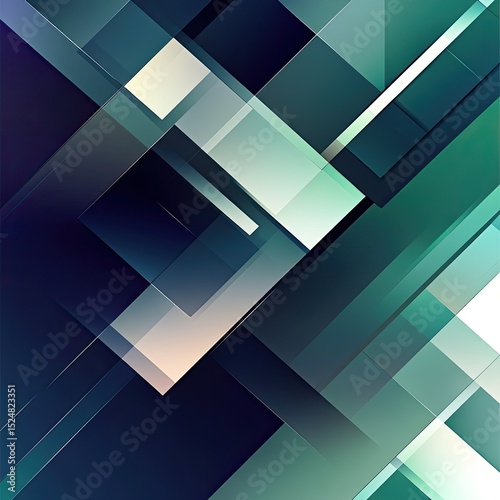Abstract geometric design with teal, green, and dark blue overlapping rectangles creating a dynamic, layered effect