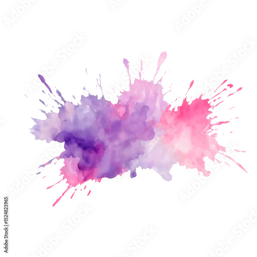 Vibrant watercolor splash in purple and pink shades on a transparent background, ideal for creative projects, invitations, or modern web designs.