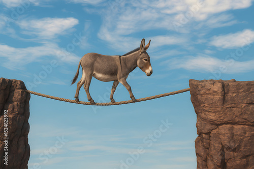 Fototapeta Naklejka Na Ścianę i Meble -  Donkey walking across a rope bridge between two cliffs with blue sky background, concept of risk, courage, challenge, and determination, surreal animal adventure scene in nature landscape
