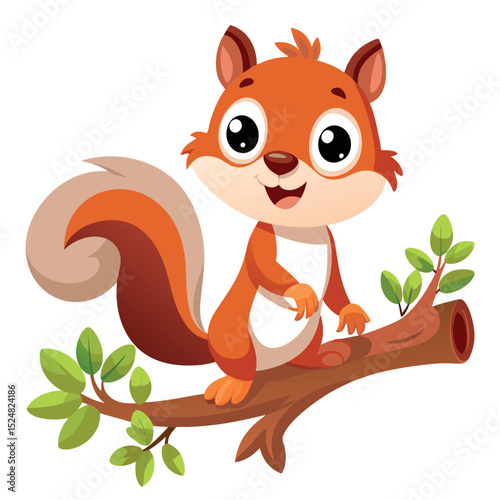 Cheerful Cartoon Squirrel Sitting Comfortably on a Brown Tree Branch with Green Leaves