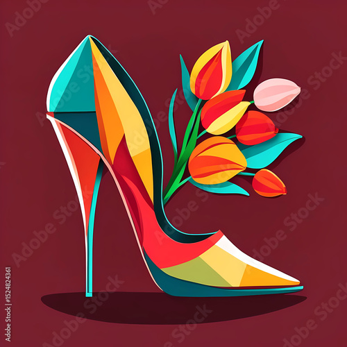 illustration of a fashionable rainbow high heel shoe with a bouquet of tulips - flower power fashion