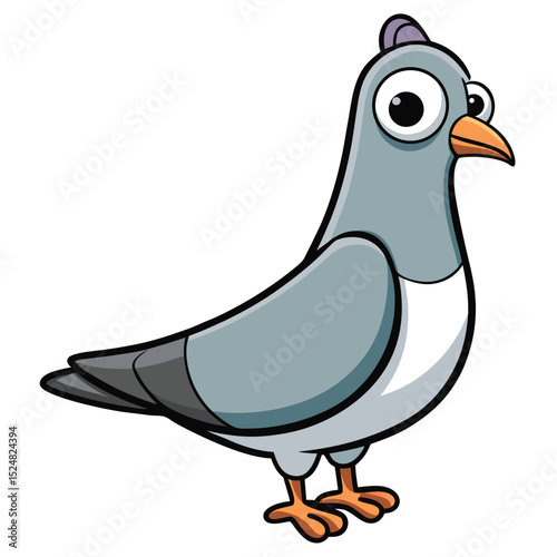 Cartoon pigeon with big eyes stands attentively looking forward on a clean background
