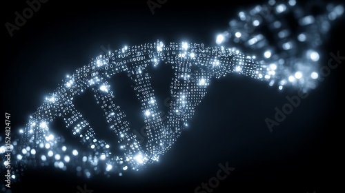 Futuristic dna double helix illuminated with binary code and glowing particles on a dark background