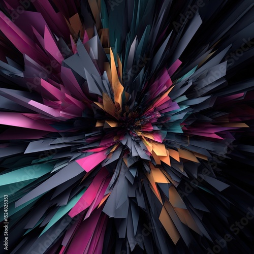 Abstract explosion of vibrant, multicolored shards converging towards a dark center