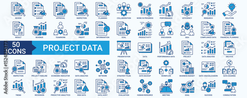 Project Data icon set with review, survey, approval, inspection, collaboration, work in progress, performance, efficiency, research, solution