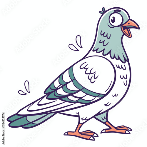 Cartoon pigeon struts confidently, sporting a teal and white plumage with cute water droplet accents